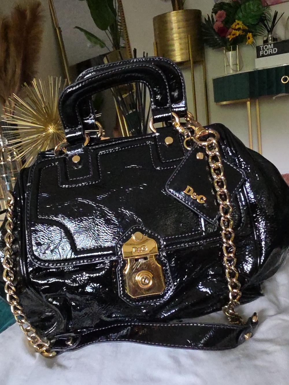 D&G Black Patent Satchel with Gold Chain Accent